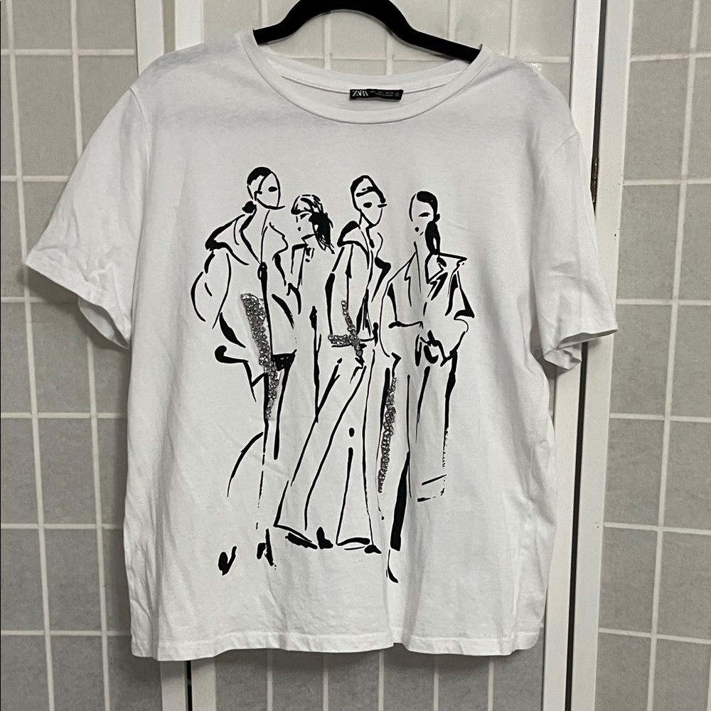 Zara White Tee with Artistic Black Sketch & Rhinestone Embellishments